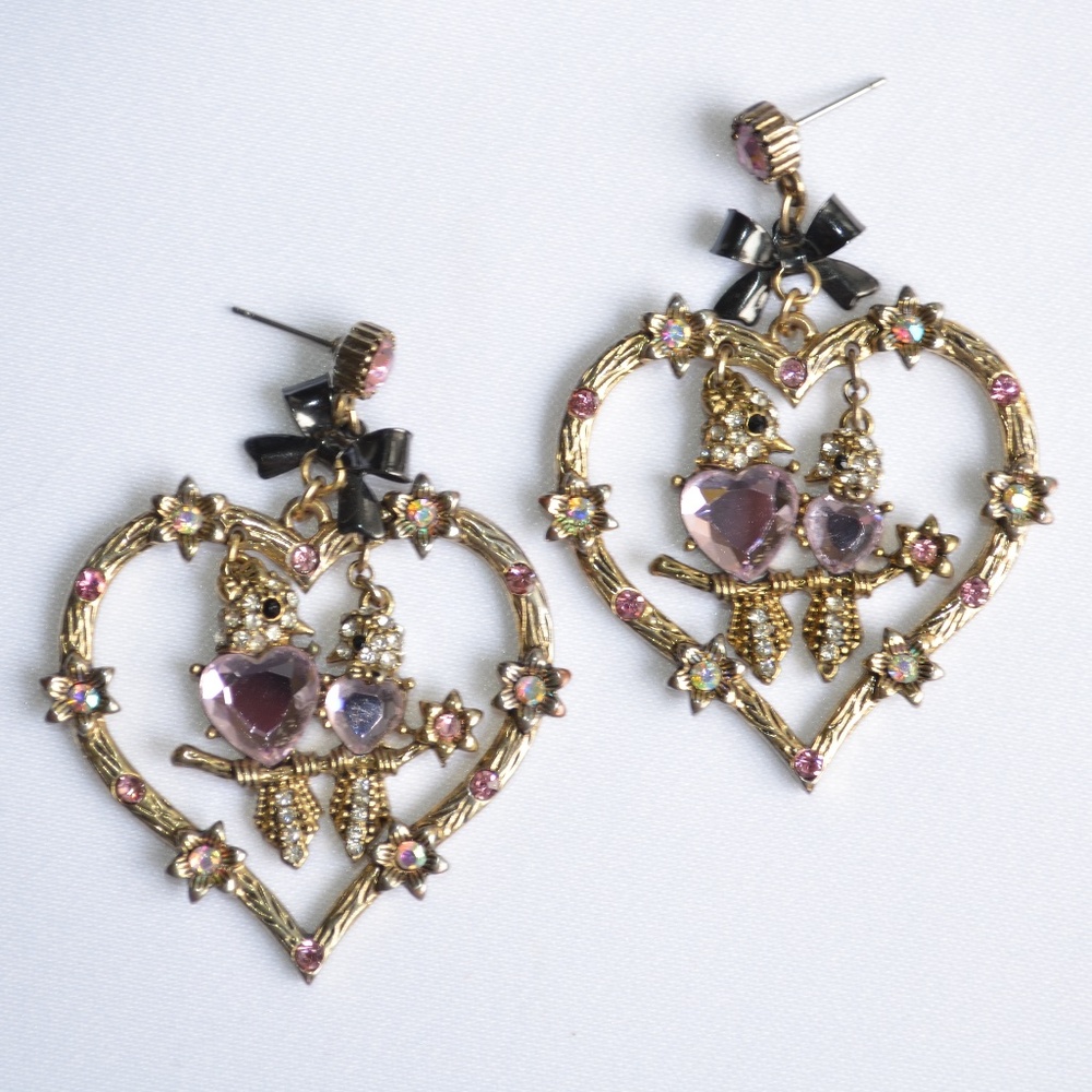 Betsey Johnson Love Birds Heart Hoops Crystal Bow Vintage